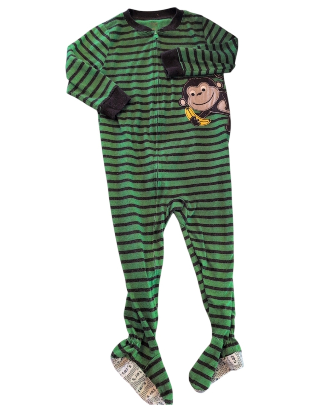 CARTER'S Green And Brown Striped Monkey Full Zip Pajama Onesie